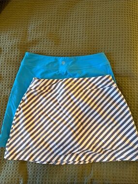 Athleta Sky Blue Mini Skirt + Dusty Blue and White Striped Mini Skirt